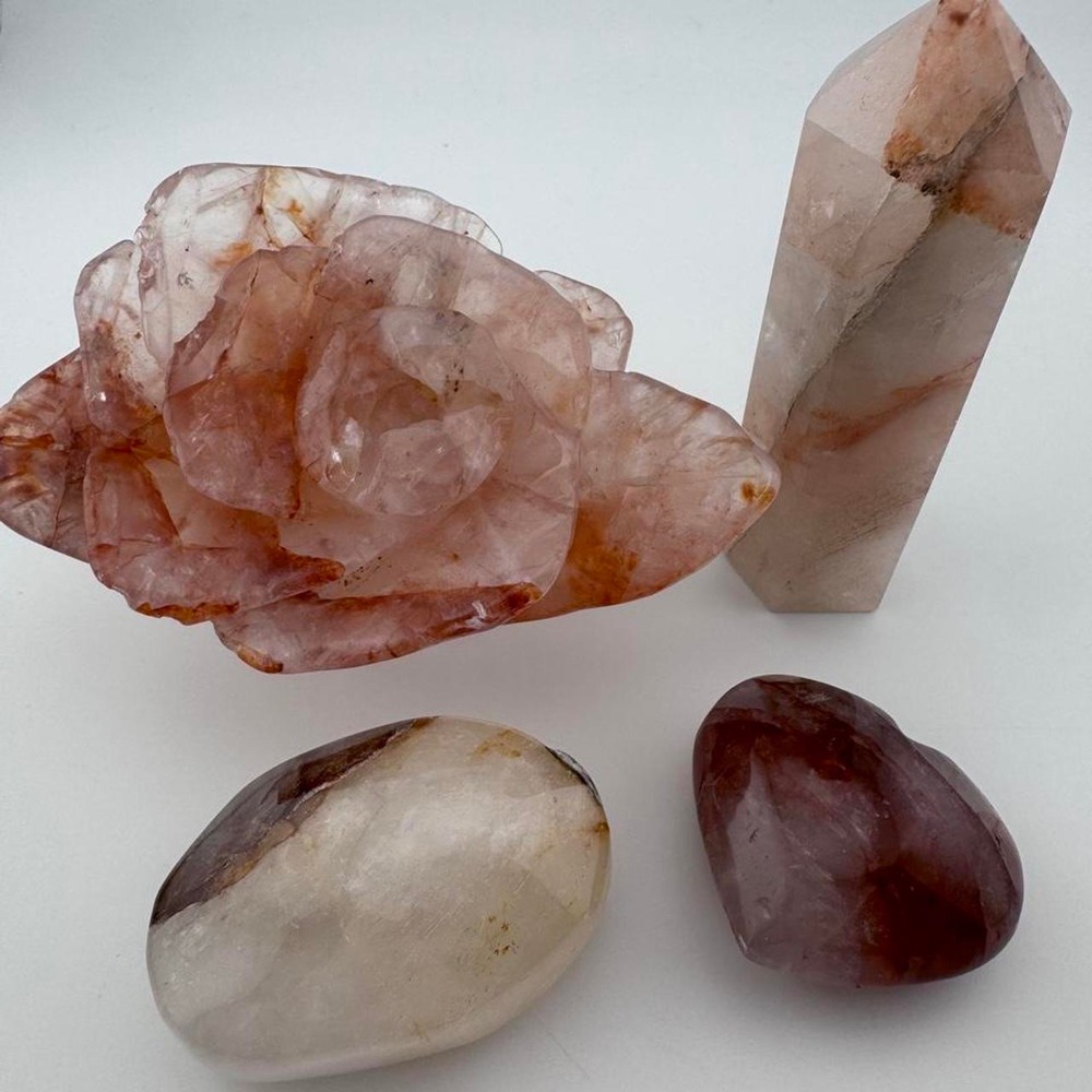 Fire Quartz Crystal Set with rose carving, tower, heart, and oval palmstone Set